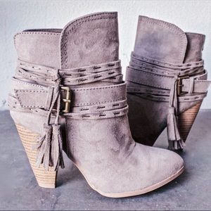 Taupe Suede Ankle Bootie Tassel Buckle Block Heel
